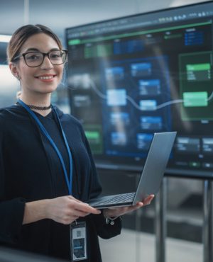 Portrait of a Beautiful Diverse Female Wearing Glasses, Using Laptop Computer, Looking at Camera and Smiling. Information Technology Specialist, Software Engineer or Developer