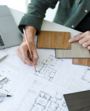 Architecture interior Man Creative project plan designer home and Choose interior materials  drawing interior on blueprint 