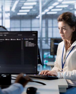 Programmer at work implementing cybersecurity measures to protect data center. Server hub facility IT specialist monitoring and analyzing metrics with device to enhance operational effectiveness